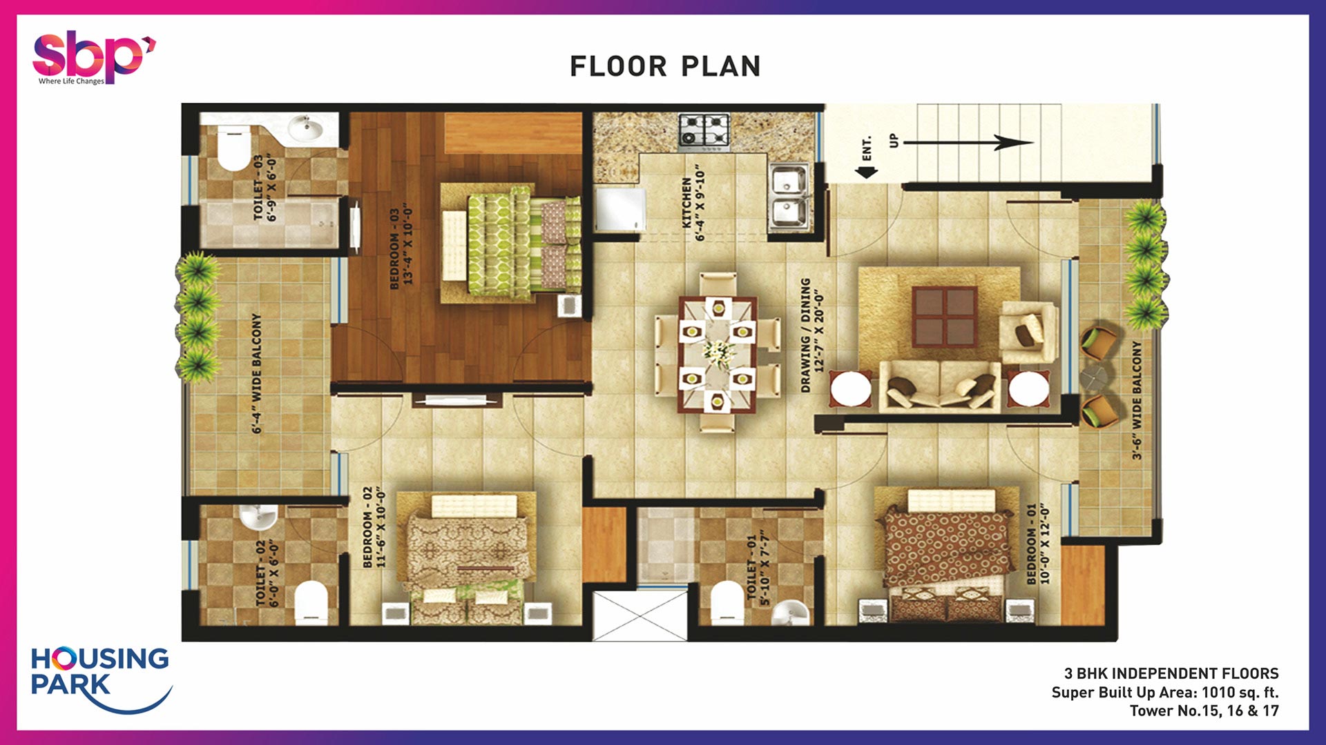 Housing-Park-Floor-Plan- 3bhk Apartment 1010sq ft  SBP Housing Park Housing Park Floor Plan 3bhk Apartment 1010sq ft